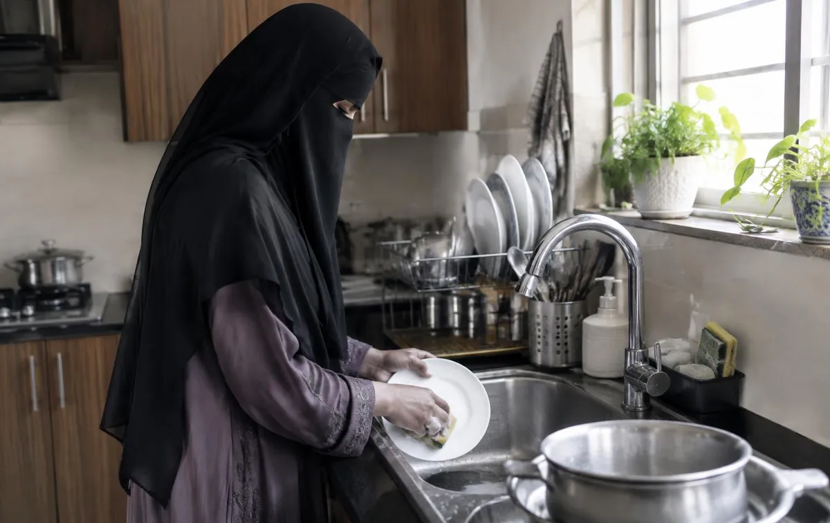 Maid in modest clothing washing dishes at a kitchen sink in a Pakistani home
