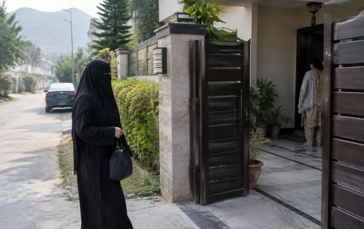 Live-out domestic helper in modest clothing arriving at a family home gate in Islamabad