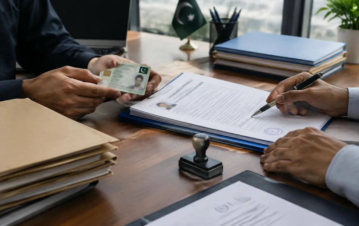 Agency staff reviewing a CNIC card and verification documents at an office desk
